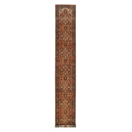 Terracotta Red, Antiqued Fine Heriz Re-Creation Densely Woven, Natural Dyes Soft Wool Hand Knotted, XL Runner Oriental Rug