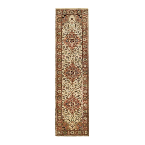 Ivory, Natural Dyes Soft Wool Hand Knotted, Antiqued Fine Heriz Re-Creation Dense Weave, Runner Oriental Rug