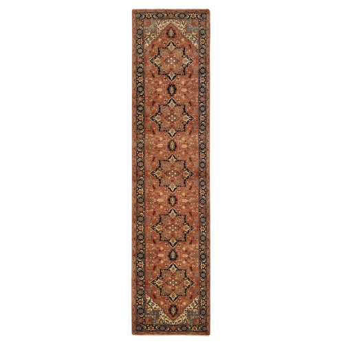 Terracotta Red, Pure Wool Hand Knotted Antiqued Fine Heriz Re-Creation, Dense Weave Natural Dyes, Runner Oriental Rug Terracotta Red, Pure Wool Hand Knotted Antiqued Fine Heriz Re-Creation, Dense Weave Natural Dyes, Runner Oriental Rug