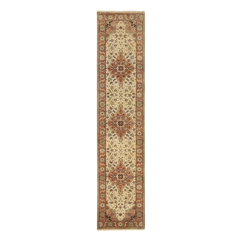 Ivory, Antiqued Fine Heriz Re-Creation Dense Weave, Natural Dyes Soft Wool Hand Knotted, Runner Oriental Rug