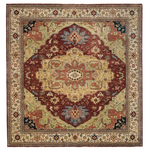 Terracotta Red, Hand Knotted Antiqued Fine Heriz Re-Creation, Densely Woven Natural Dyes Hand Spun Wool, Square Oriental Rug