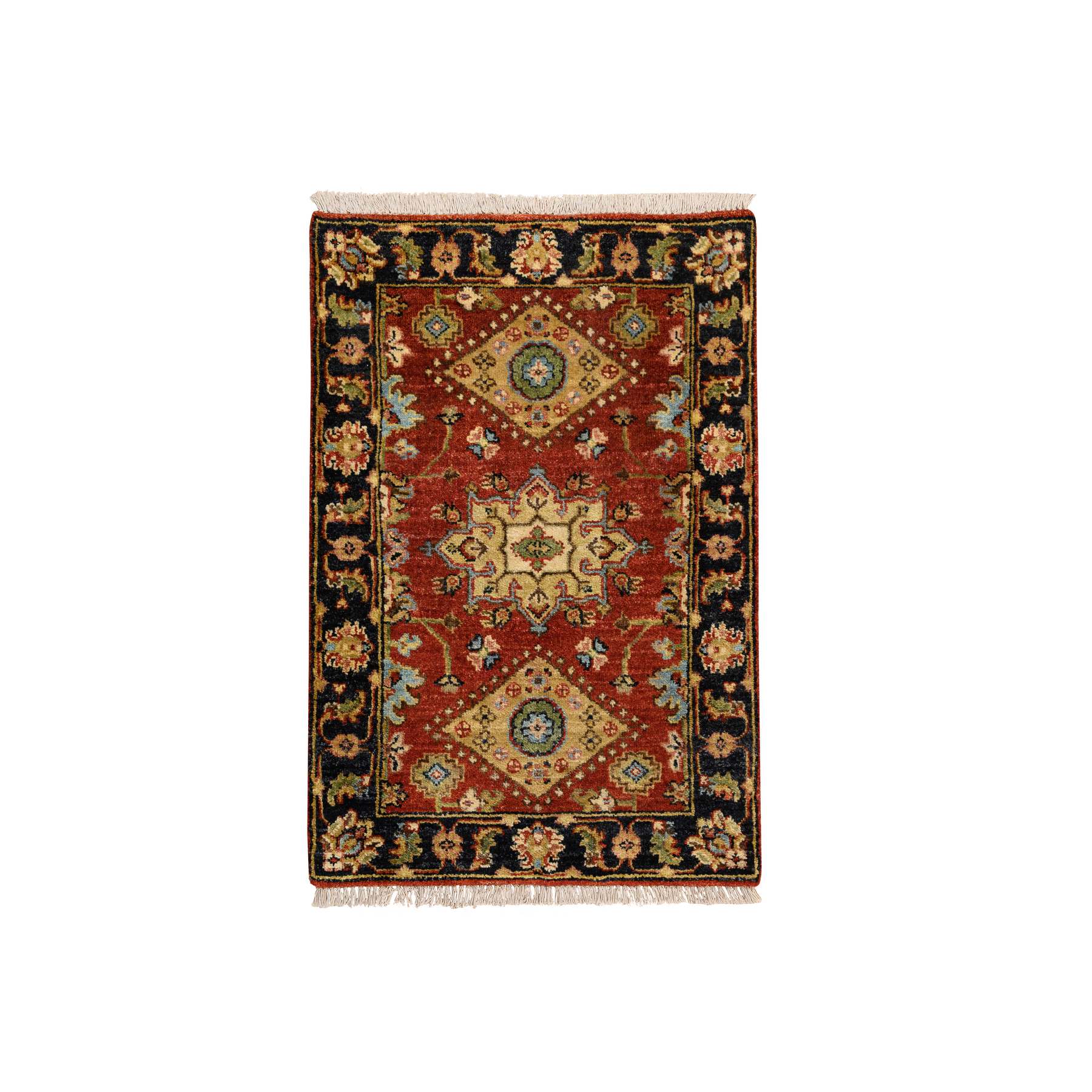 Red-Black Hand-Knotted, Organic Wool Karajeh Design, Mat Oriental Rug