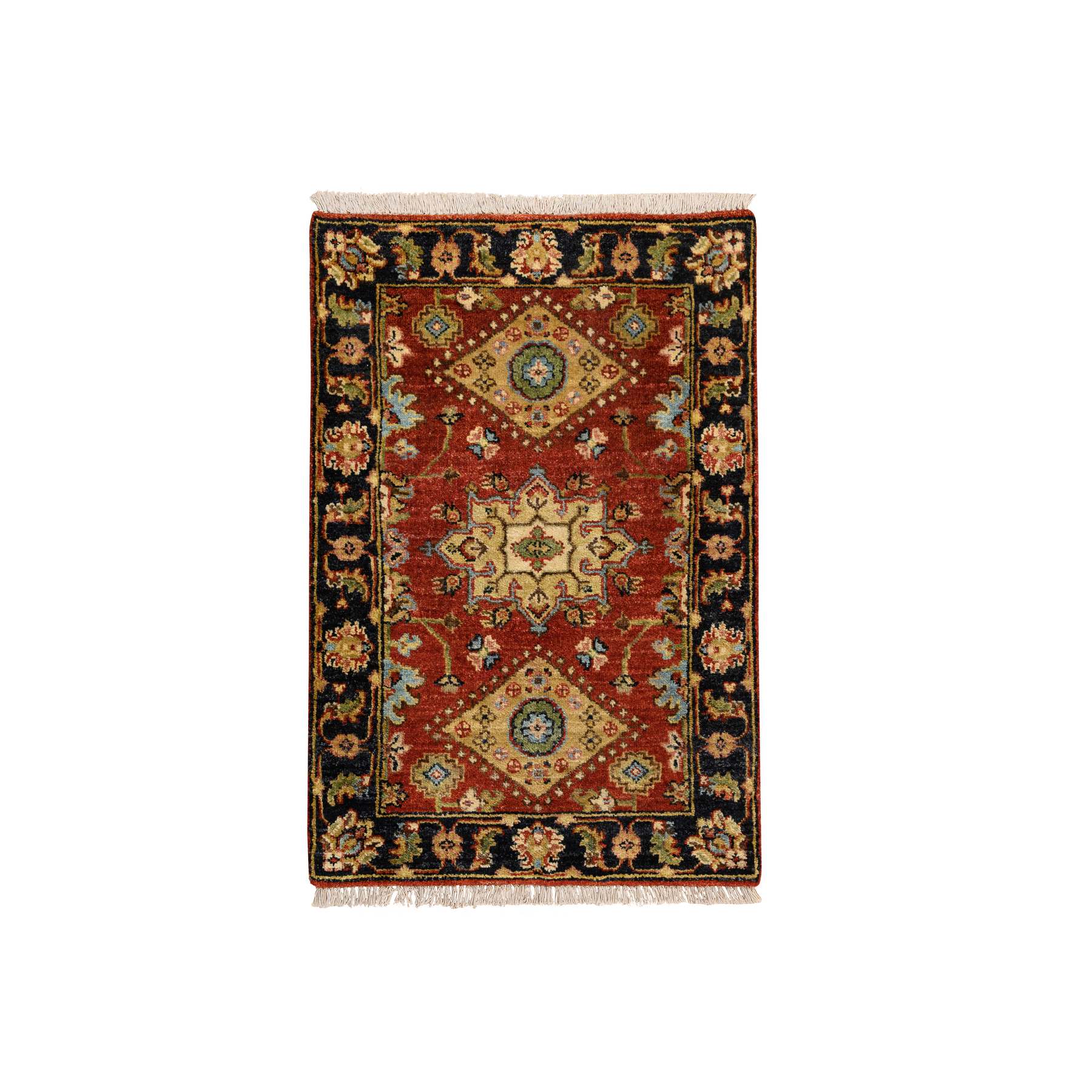 Red-Black Hand-Knotted, Karajeh Design, Organic Wool, Oriental Mat Rug