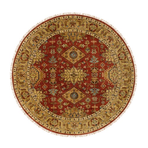 Red-Gold Karajeh Design Organic Wool Hand Knotted Oriental Round Rug