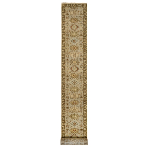 Gray-Brown Tribal Medallions, Pure Wool Hand Knotted Karajeh Design Oriental Runner 