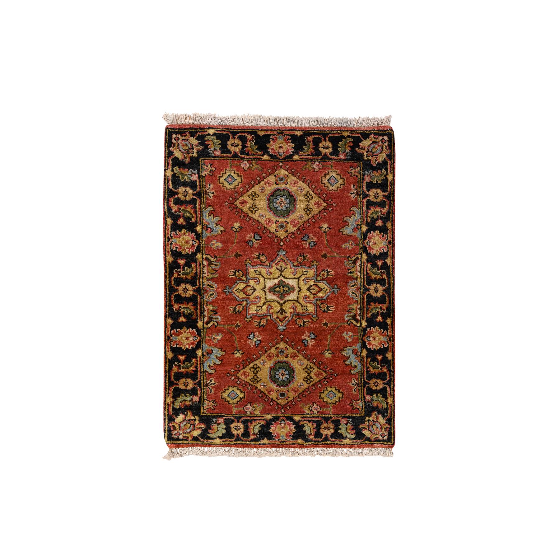 Red-Black Karajeh Design, Organic Wool Hand-Knotted, Mat Oriental Rug