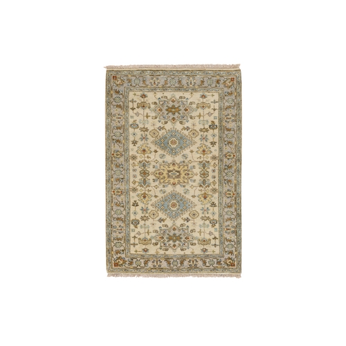 Ivory-Gray Karajeh Design, Soft Pure Wool, Hand Knotted with Soft Colors, Oriental Rug