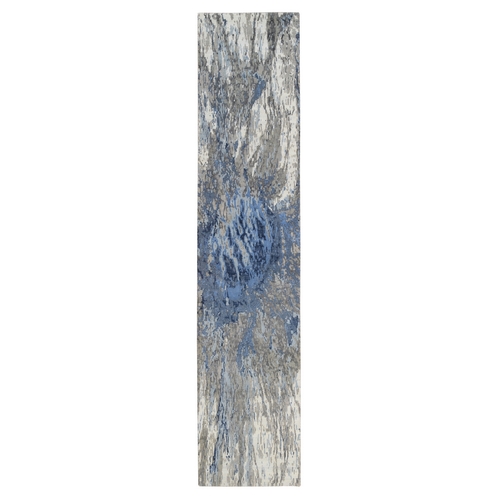 Denim Blue, Abstract Design Hi-low Pile, Wool and Silk Hand Knotted, Runner Oriental Rug