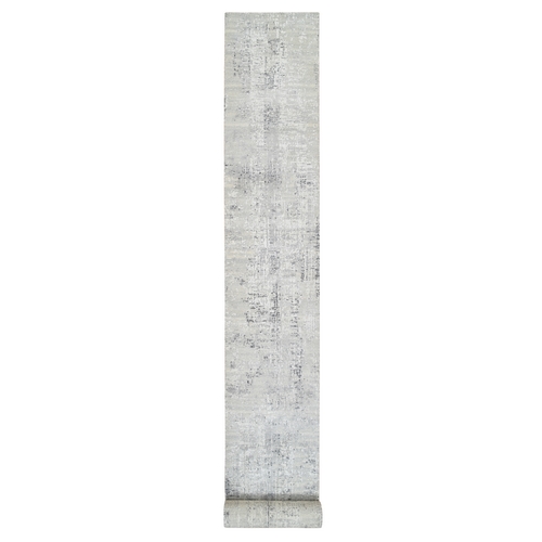 Gray Modern Hand Knotted Hand Spun Undyed Natural Wool Cut and Loop Pile XL Runner Oriental Rug