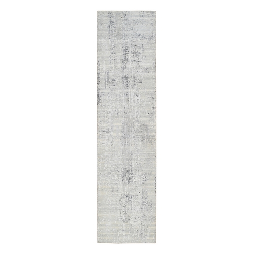 Gray Modern Hand Spun Undyed Natural Wool Hand Knotted Cut and Loop Pile Runner Oriental Rug
