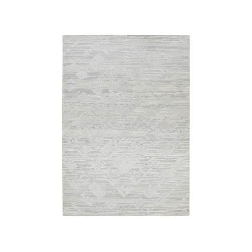 Light Gray, Hand Spun Undyed Natural Wool with Modern Design Hand Knotted Oriental Rug