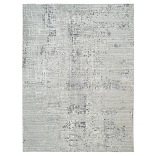 Gray Hand Knotted Modern Cut and Loop Pile Hand Spun Undyed Natural Wool Oriental Rug