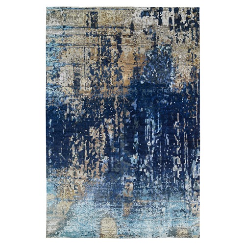 Denim Blue Mosaic Design with Mix of Gold, Hand Knotted, Wool and Silk, Oriental Oversize Rug