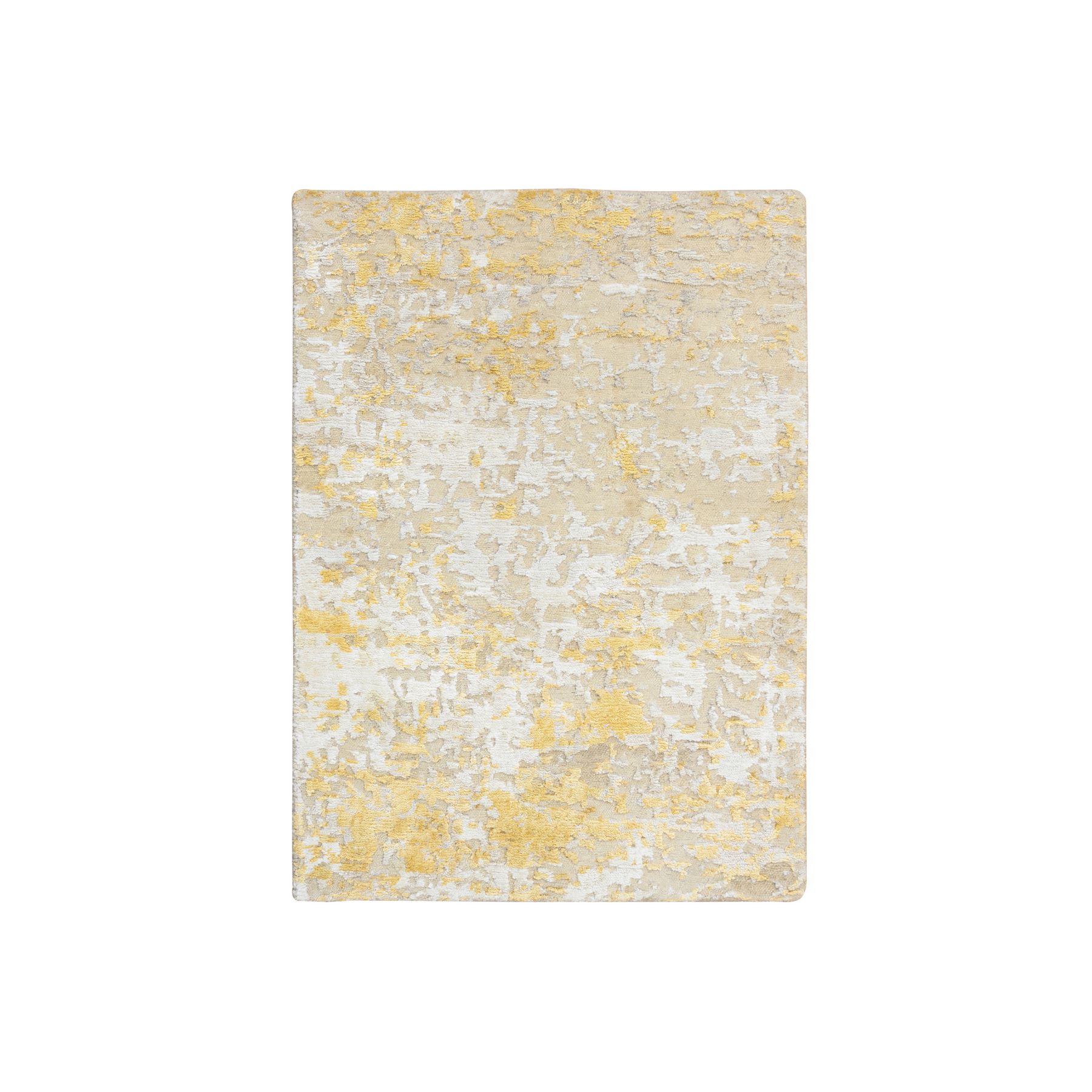 Gold-Cream, Hand Knotted, Wool and Silk, Abstract Design, Hi-Low Pile, Oriental Mat Rug