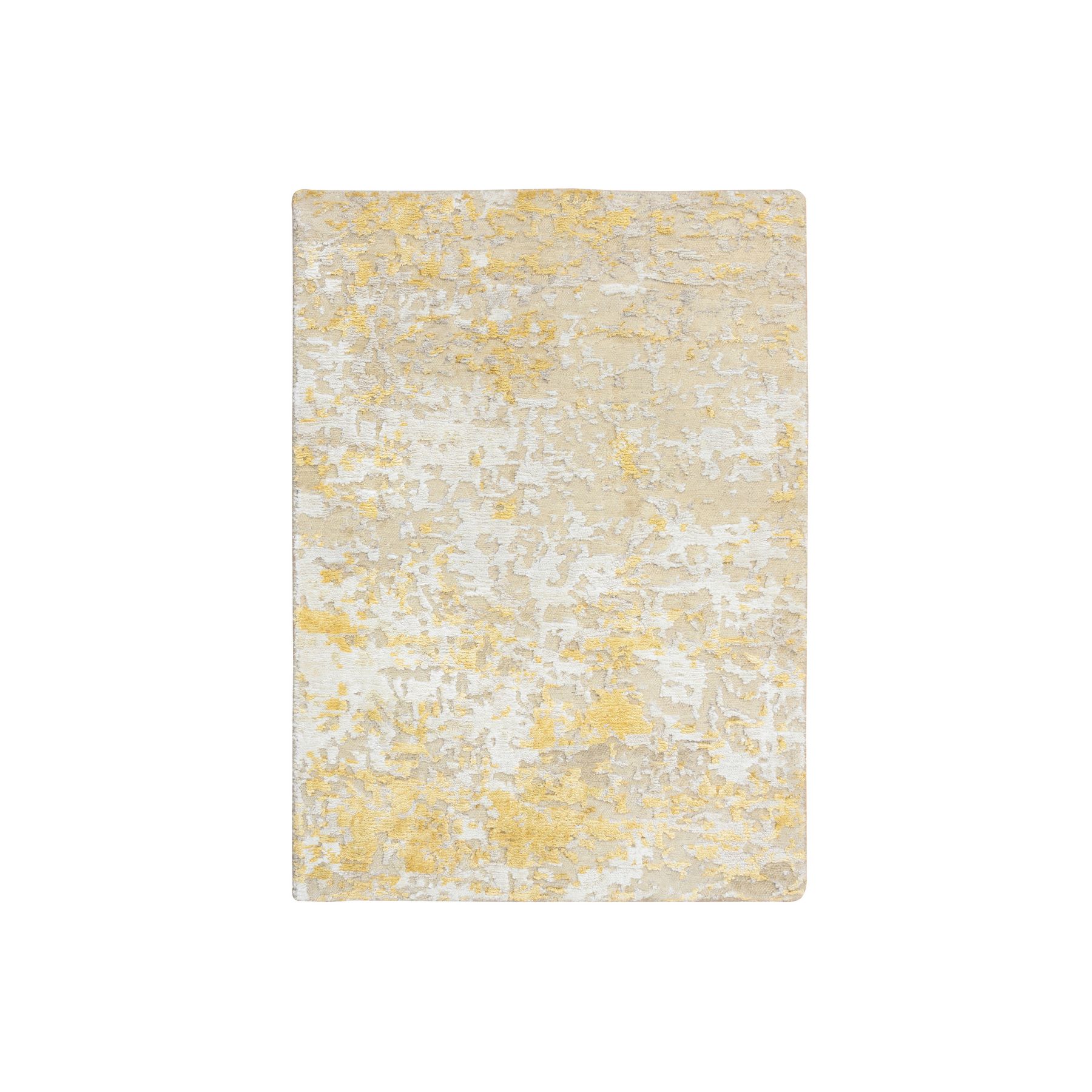 Gold-Cream Hand Knotted Abstract Design, Hi-Low Pile, Wool and Silk Mat Oriental Rug Gold-Cream Hand Knotted Abstract Design, Hi-Low Pile, Wool and Silk Mat Oriental Rug