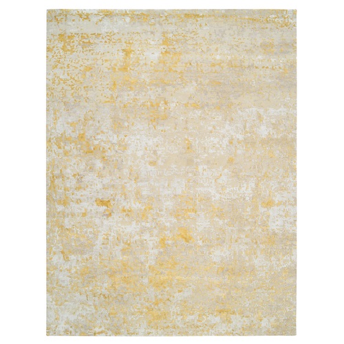 Gold-Cream, Wool and Silk Hand Knotted, Abstract Design Hi-Low Pile, Oriental Rug