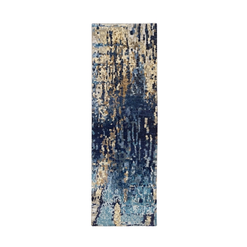 Denim Blue Mosaic Design Wool and Silk with Mix of Gold, Hand Knotted Runner Oriental Rug