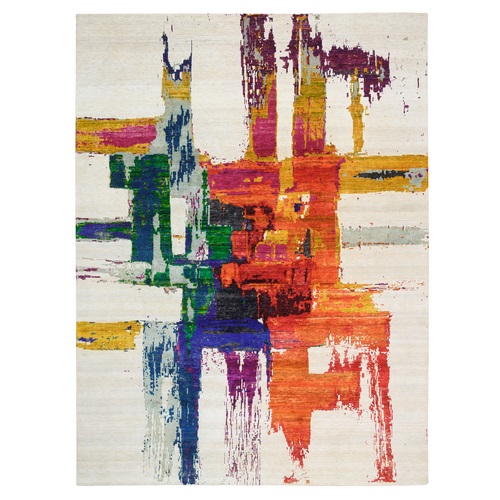 Colorful, Wool and Sari Silk Hand Knotted, Modern Abstract Motifs with Painter's Brush Strokes Oriental Rug