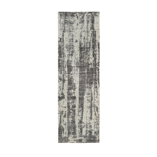 Charcoal Black, Wool and Plant Based Silk Hand Loomed, Modern Design Jacquard Tone On Tone, Runner Oriental Rug Charcoal Black, Wool and Plant Based Silk Hand Loomed, Modern Design Jacquard Tone On Tone, Runner Oriental Rug