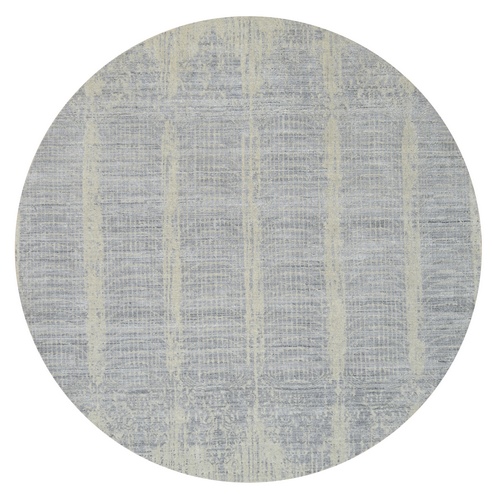 Gray, Tone On Tone Transitional Erased Design, Jacquard Hand Loomed, Wool and Plant Based Silk, Oriental, Round 