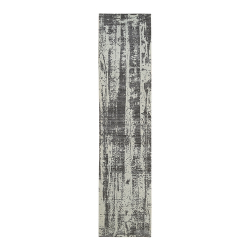 Charcoal Black, Hand Loomed Modern Design Jacquard, Tone On Tone Wool and Art Silk, Runner Oriental Rug