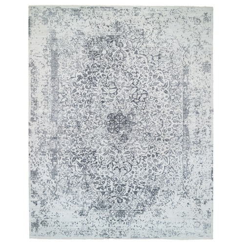Silver Gray, Wool and Pure Silk Hand Knotted, Erased Persian Design, Oversized Oriental Rug