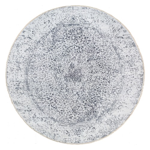 Silver Gray, Hand Knotted Erased Persian Design, Wool and Pure Silk, Round Oriental Rug