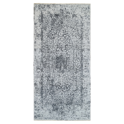 Gray Broken Persian Design Wool and Pure Silk Hand Knotted Gallery Size Runner Oriental Rug