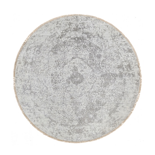 Gray, Hand Knotted Broken Persian Design, Wool and Pure Silk, Round Oriental Rug