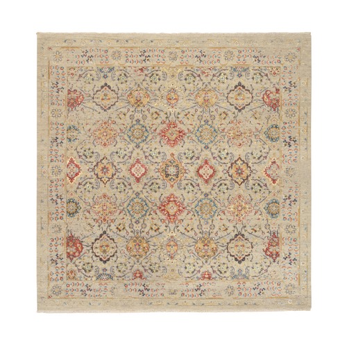 Beige, THE SUNSET ROSETTES with Soft Colors, Wool and Pure Silk, Hand Knotted, Square Oriental Rug