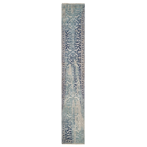 Blue-Teal Erased Design Wool And Silk Broken Persian Heriz Hand Knotted Oriental Runner 