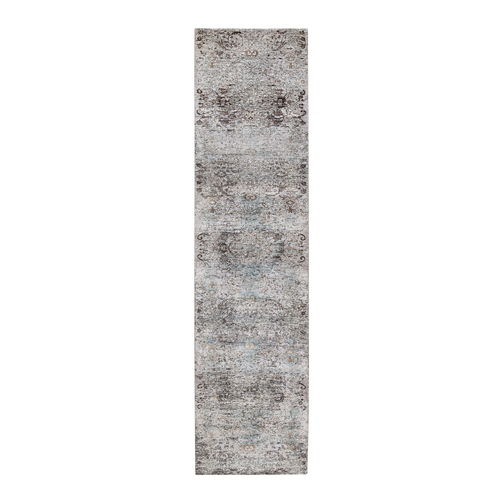 Gray, Modern Transitional Persian Influence Erased Medallion Design, Silk with Textured Wool Hand Knotted, Runner Oriental Rug