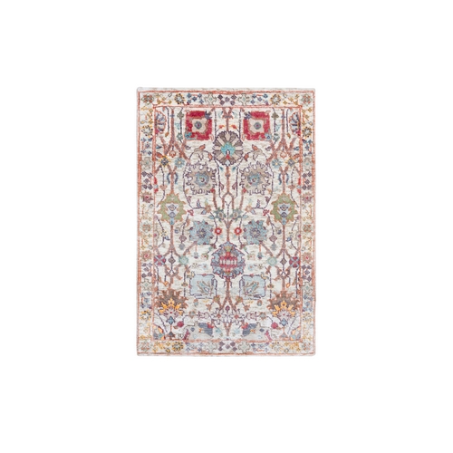 Colorful, Tabriz Vase With Flower Design, Silk With Textured Wool Hand Knotted, Mat Oriental Rug Colorful, Tabriz Vase With Flower Design, Silk With Textured Wool Hand Knotted, Mat Oriental Rug