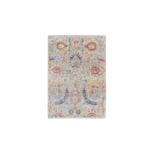 Tan, Hand Knotted, Sickle Leaf Design Silk With Textured Wool, Mat Oriental Rug