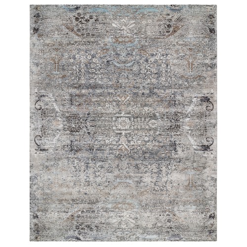 Gray, Hand Knotted, Modern Transitional Persian Influence Erased Medallion Design Silk with Textured Wool, Square Oriental Rug
