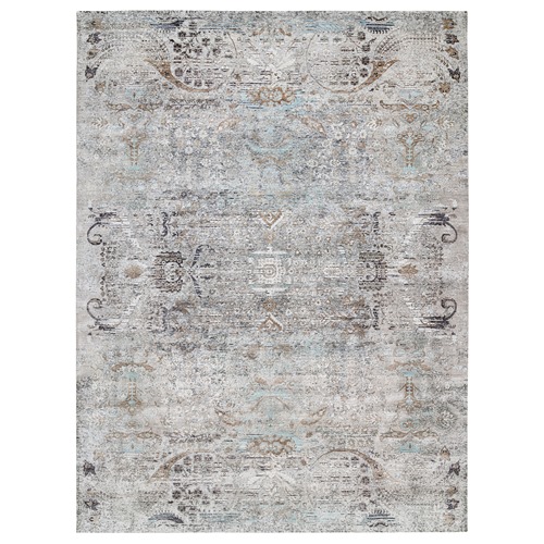 Gray, Silk with Textured Wool Hand Knotted, Modern Transitional Persian Influence Erased Medallion Design, Oversized Oriental Rug