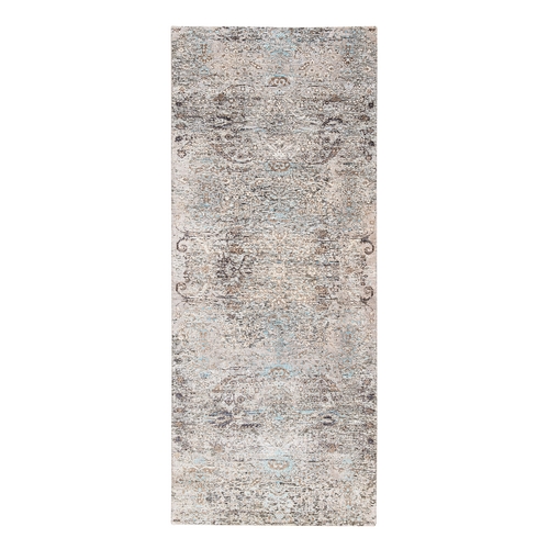 Gray, Modern Transitional Persian Influence Erased Medallion Design, Silk with Textured Wool Hand Knotted, Wide Runner Oriental Rug