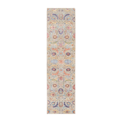 Tan, Hand Knotted Sickle Leaf Design Silk With Textured Wool Runner Oriental Rug