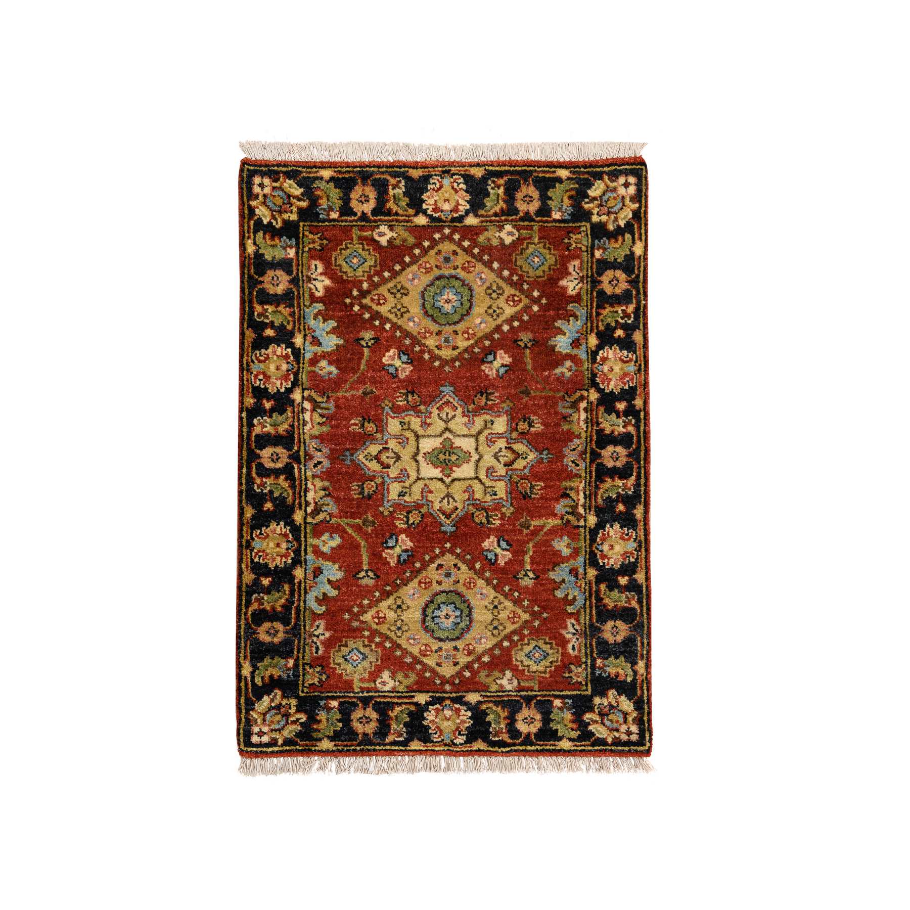 Red-Black Karajeh Design Hand-Knotted, Organic Wool, Mat Oriental Rug