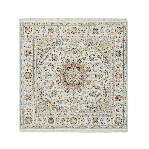 Ivory, Wool and Silk Hand Knotted, Nain with Center Medallion Design, 250 KPSI, Square Oriental Rug