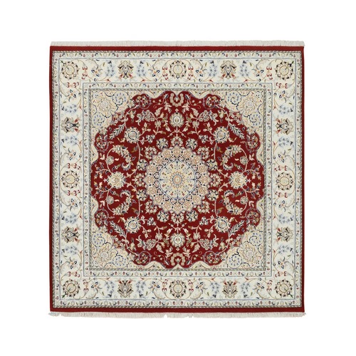 Cherry Red, Nain with Center Medallion Flower Design 250 KPSI, Wool Hand Knotted, Square Oriental 