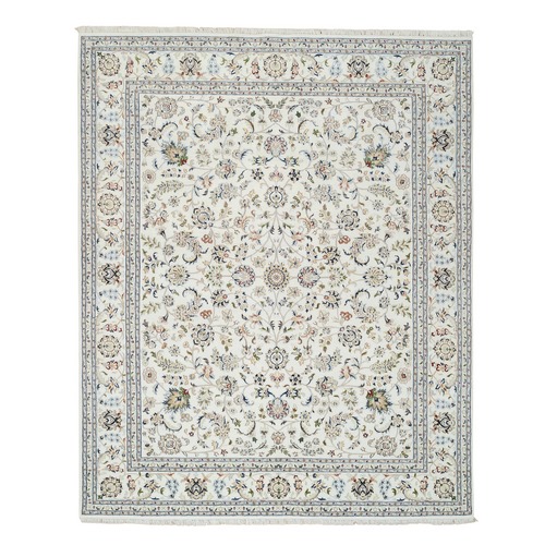 Ivory, 250 KPSI, Nain with All Over Design, Wool and Silk, Hand Knotted, Squarish, Oriental Rug
