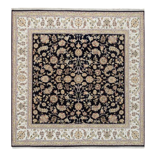 Midnight Blue, Wool, Nain with All Over Flower Design, 250 KPSI, Hand Knotted, Square, Oriental Rug