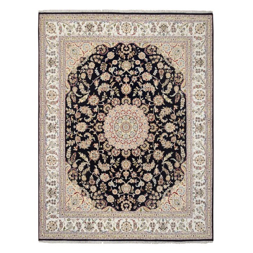 Midnight Blue, Wool and Silk, Nain with Center Medallion Design, 250 KPSI, Hand Knotted, Oriental Rug