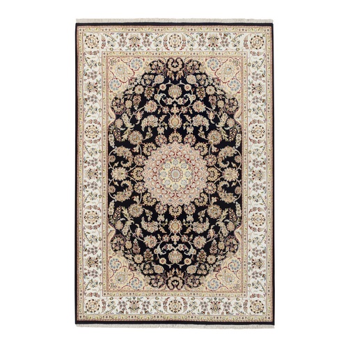 Midnight Blue, Nain with Medallion and Flower Design, 250 KPSI, Wool and Silk, Hand Knotted Oriental Rug