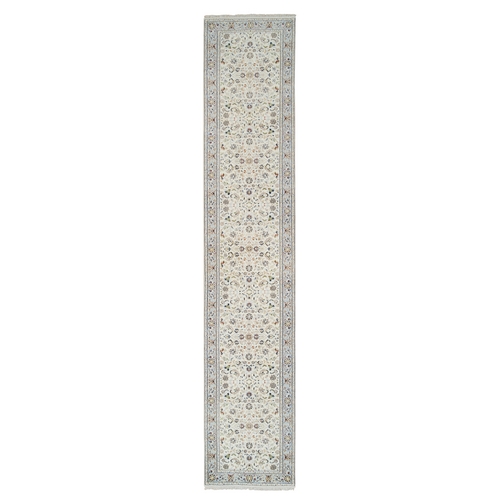 Ivory, Hand Knotted Nain with All Over Flower Design, 250 KPSI Wool, Runner Oriental Rug