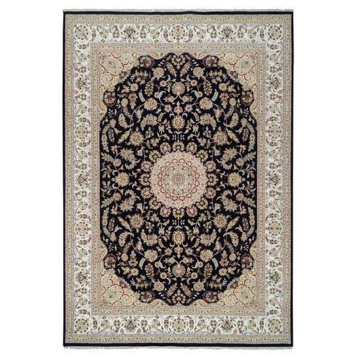 Midnight Blue, Hand Knotted, Nain with Flower Medallion Design, Wool and Silk, 250 KPSI, Oriental Rug