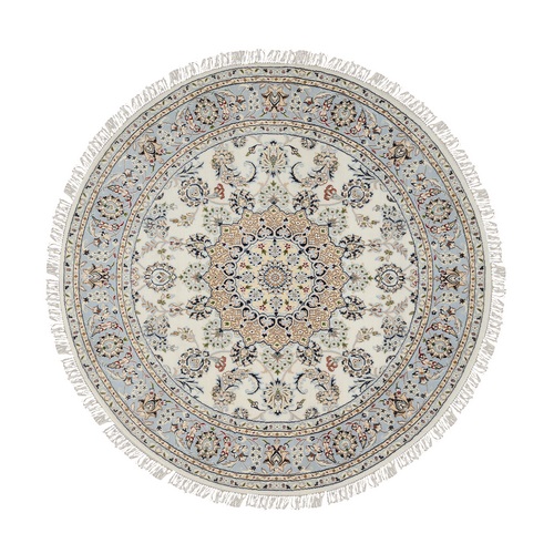 Ivory, Nain with Flower Medallion Design, 250 KPSI, Wool and Silk, Hand Knotted, Round Oriental Rug