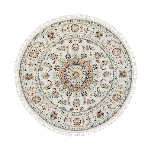 Ivory, Wool and Silk, Nain with Flower Medallion Design, Hand Knotted, 250 KPSI, Round, Oriental Rug