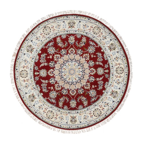 Cherry Red, Hand Knotted Nain with Center Medallion Flower Design, 250 KPSI Wool, Round Oriental Rug